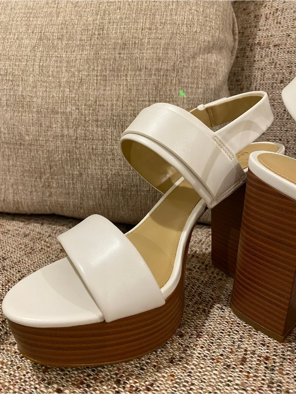 Michael Kors White Platform Block Heel Sandals with Brown Wood-Look Sole